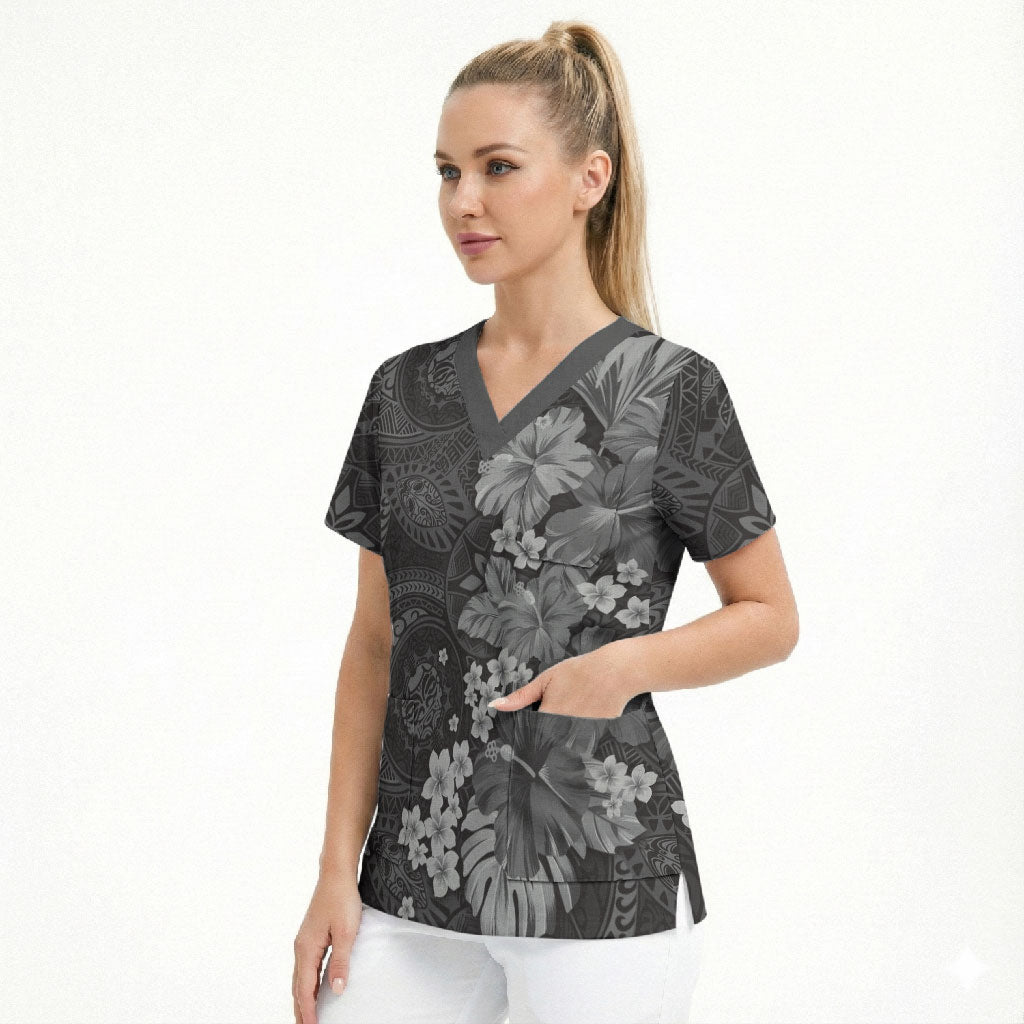 Pauli Hawai'i Hibiscus Scrub Top Polynesian Tribal Tattoo Pattern Floral Elements LT9 - Polynesian Pride