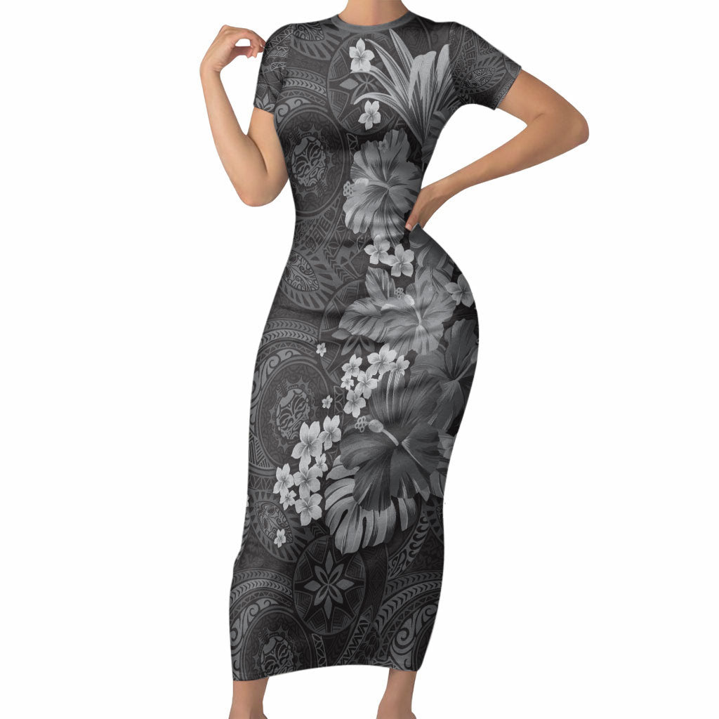 Pauli Hawai'i Hibiscus Short Sleeve Bodycon Dress Polynesian Tribal Tattoo Pattern Floral Elements LT9 Long Dress Soft Black - Polynesian Pride