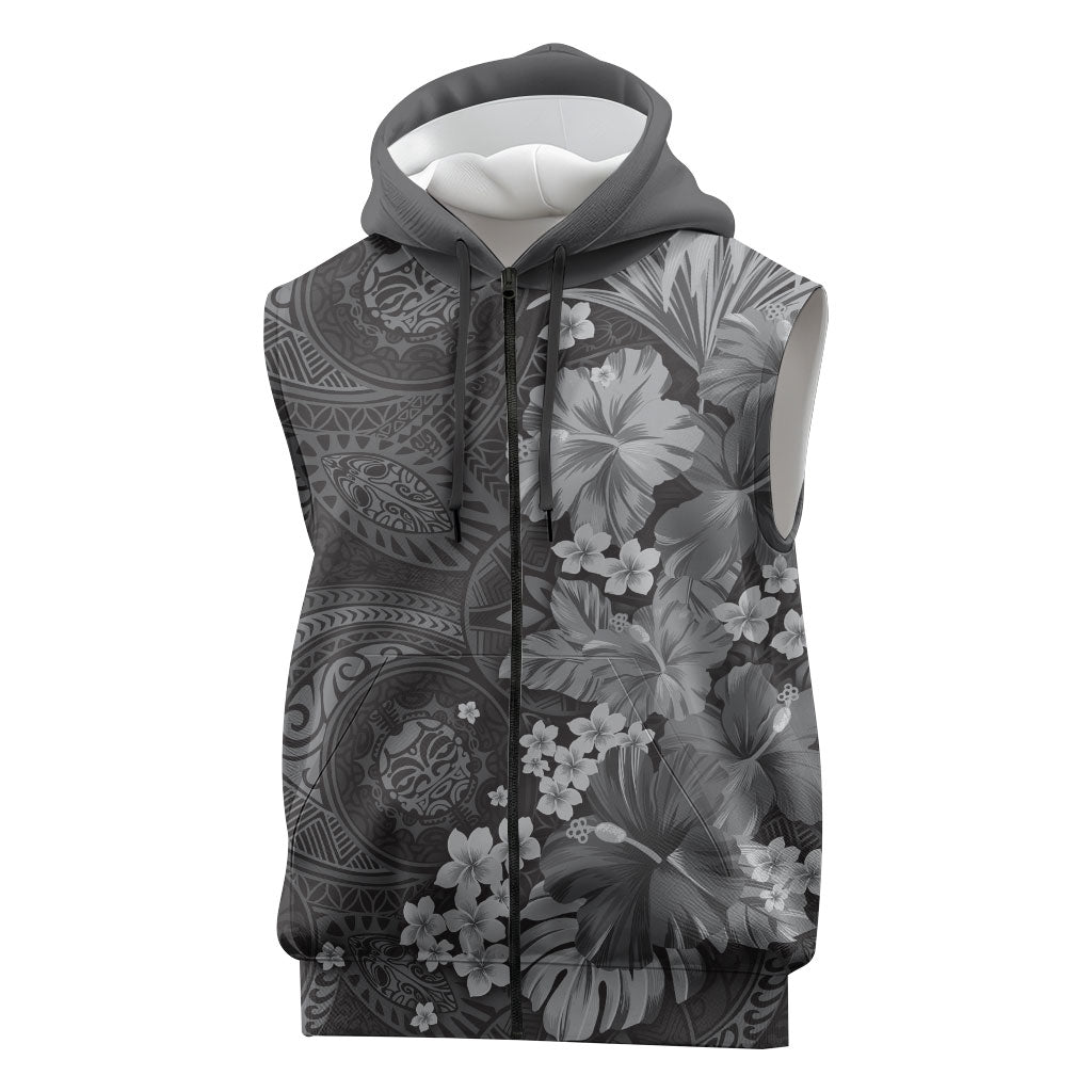 Pauli Hawai'i Hibiscus Sleeveless Zip Hoodie Polynesian Tribal Tattoo Pattern Floral Elements LT9 Soft Black - Polynesian Pride