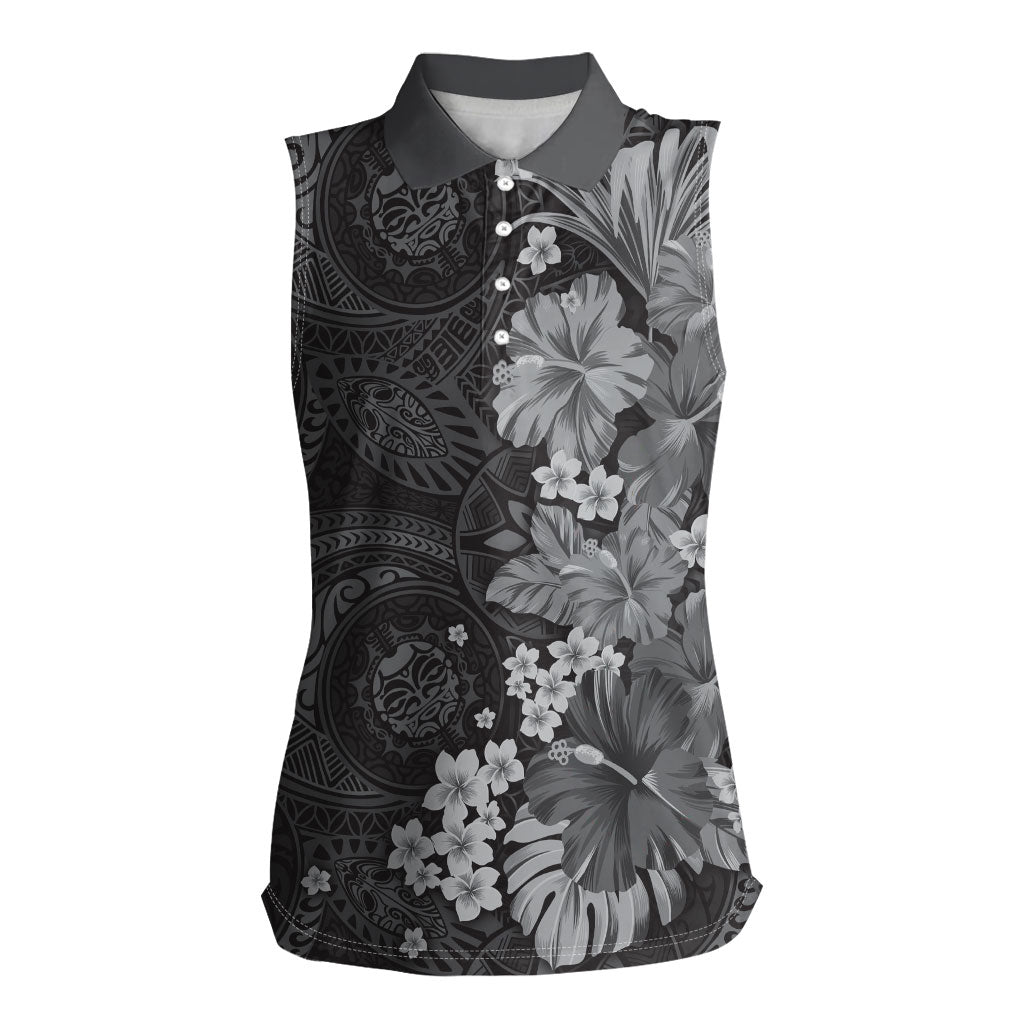 Pauli Hawai'i Hibiscus Women Sleeveless Polo Shirt Polynesian Tribal Tattoo Pattern Floral Elements LT9 Female Soft Black - Polynesian Pride