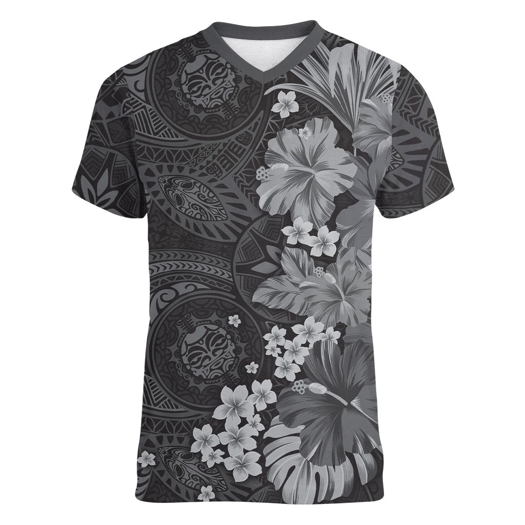 Pauli Hawai'i Hibiscus Women V-Neck T-Shirt Polynesian Tribal Tattoo Pattern Floral Elements LT9 Female Soft Black - Polynesian Pride