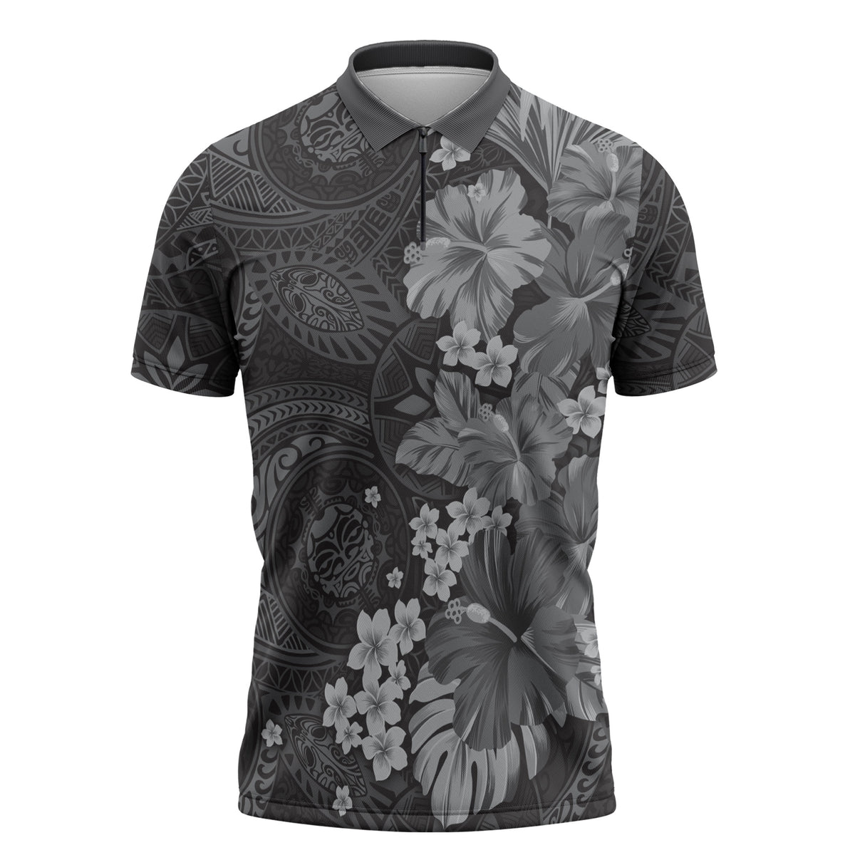 Pauli Hawai'i Hibiscus Zipper Polo Shirt Polynesian Tribal Tattoo Pattern Floral Elements LT9 Soft Black - Polynesian Pride
