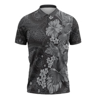 Pauli Hawai'i Hibiscus Zipper Polo Shirt Polynesian Tribal Tattoo Pattern Floral Elements LT9 Soft Black - Polynesian Pride