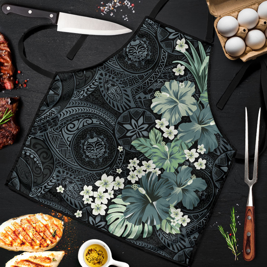 Pauliuli Hawai'i Hibiscus Apron Polynesian Tribal Tattoo Pattern Floral Elements LT9 Charcoal Blue - Polynesian Pride