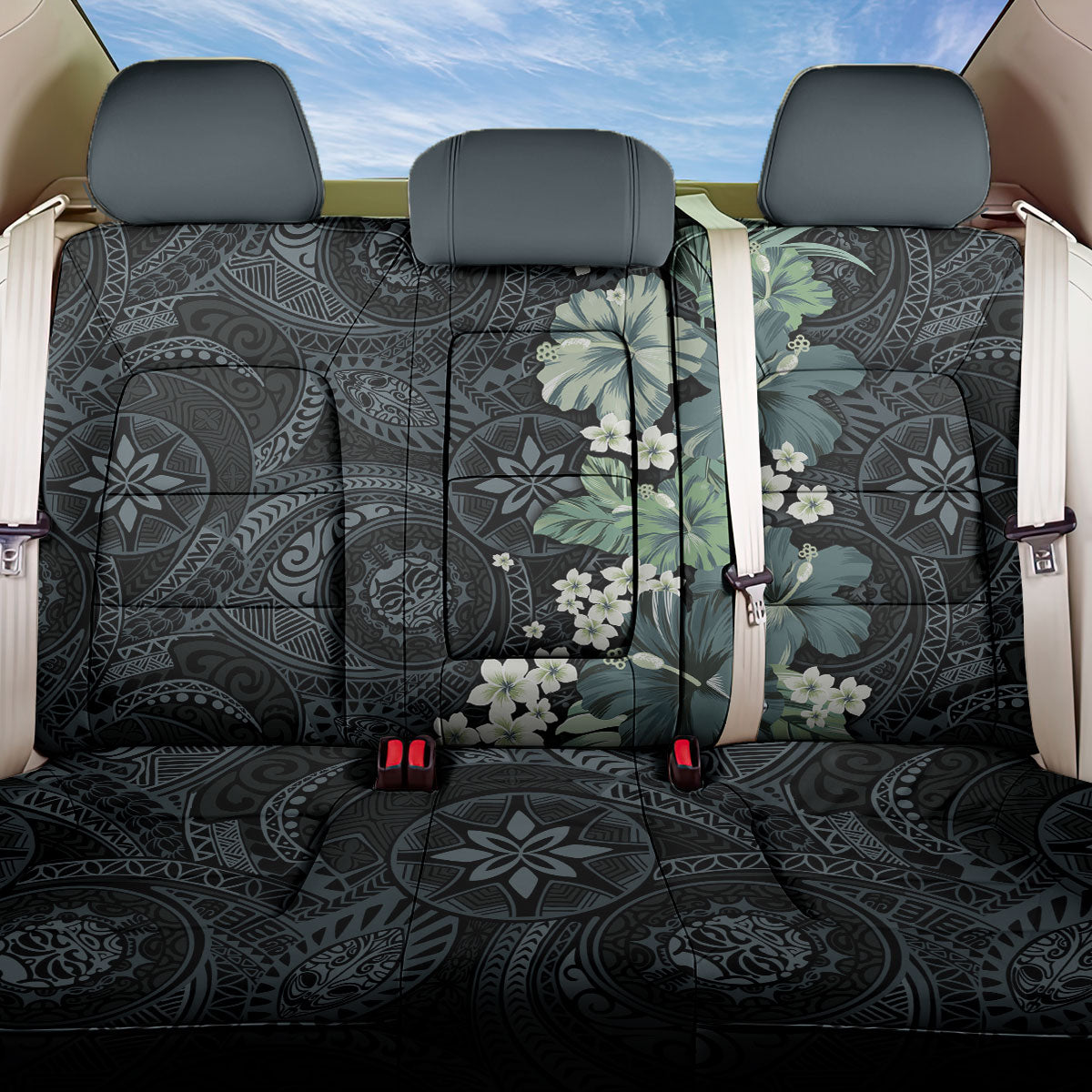 Pauliuli Hawai'i Hibiscus Back Car Seat Cover Polynesian Tribal Tattoo Pattern Floral Elements LT9 One Size Charcoal Blue - Polynesian Pride