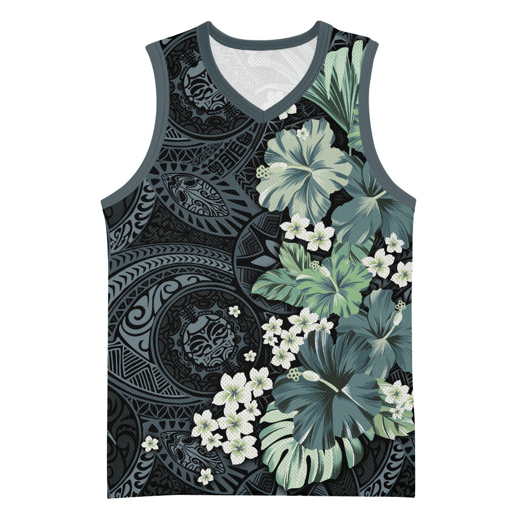 Pauliuli Hawai'i Hibiscus Basketball Jersey Polynesian Tribal Tattoo Pattern Floral Elements LT9 Unisex Charcoal Blue - Polynesian Pride