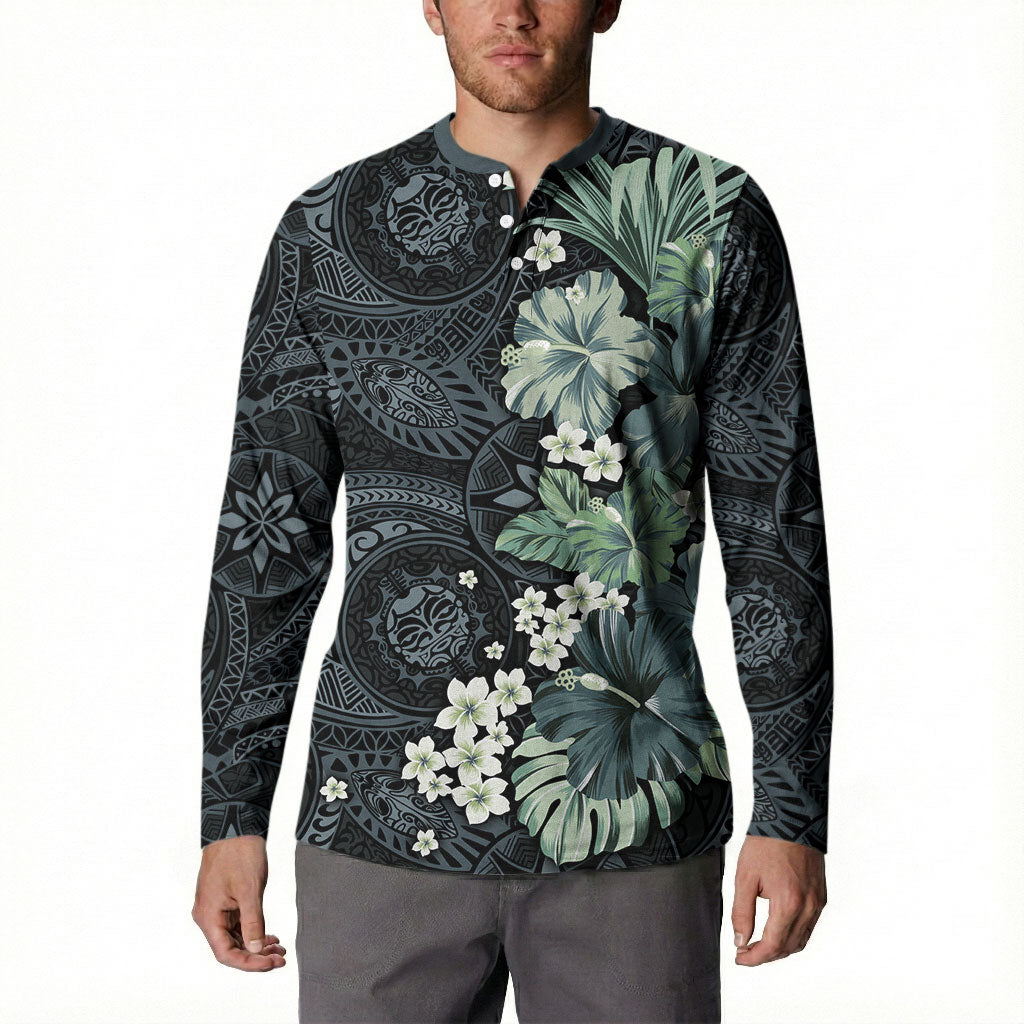 Pauliuli Hawai'i Hibiscus Button Sweatshirt Polynesian Tribal Tattoo Pattern Floral Elements LT9 - Polynesian Pride