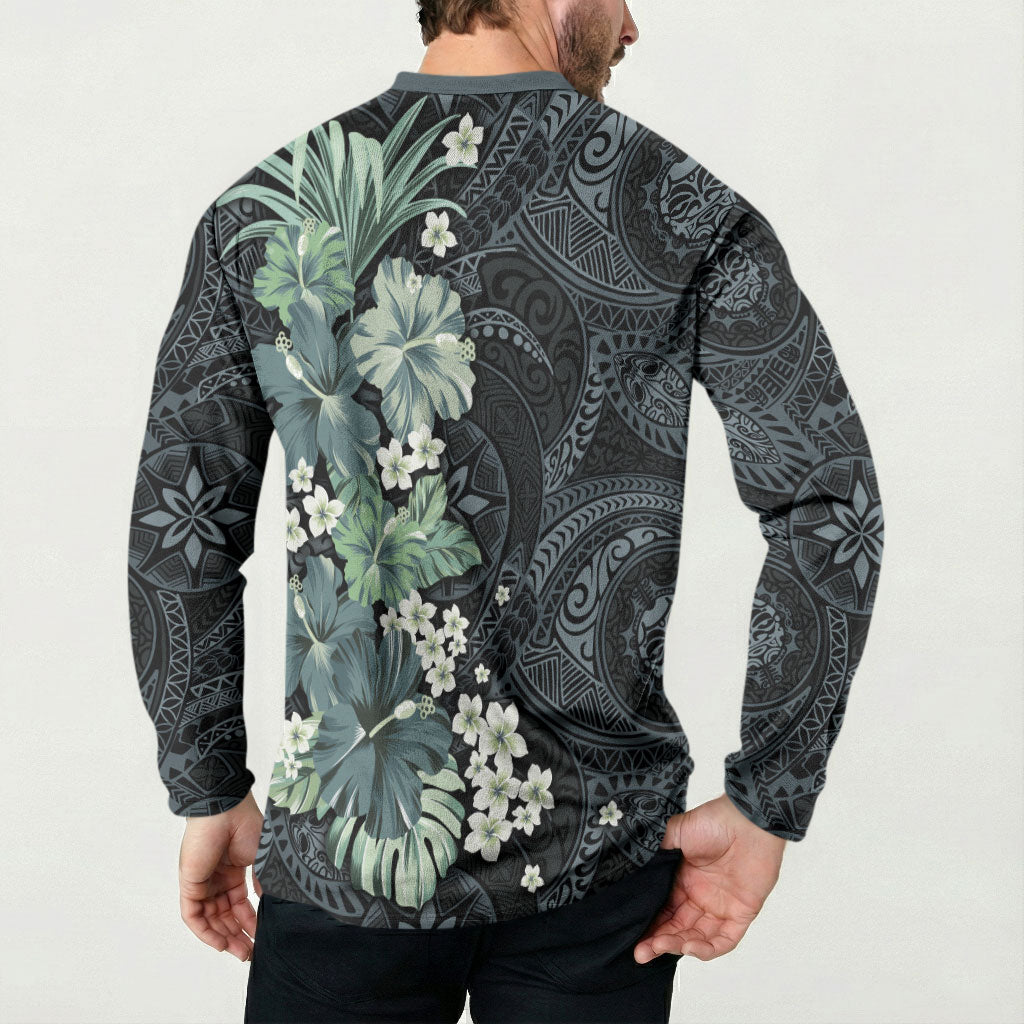 Pauliuli Hawai'i Hibiscus Button Sweatshirt Polynesian Tribal Tattoo Pattern Floral Elements LT9 - Polynesian Pride
