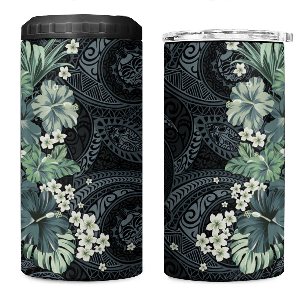 Pauliuli Hawai'i Hibiscus 4 in 1 Can Cooler Tumbler Polynesian Tribal Tattoo Pattern Floral Elements LT9 One Size: 16 oz Charcoal Blue - Polynesian Pride