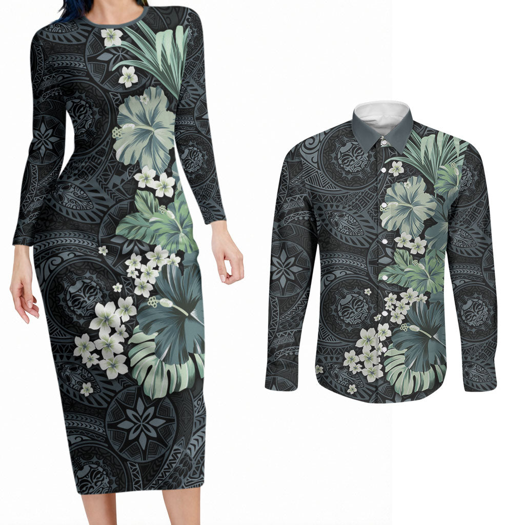 Pauliuli Hawai'i Hibiscus Couples Matching Long Sleeve Bodycon Dress and Long Sleeve Button Shirt Polynesian Tribal Tattoo Pattern Floral Elements LT9 Charcoal Blue - Polynesian Pride