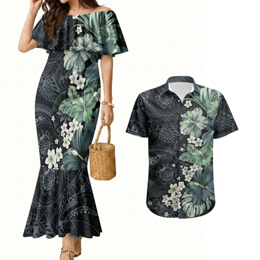 Pauliuli Hawai'i Hibiscus Couples Matching Mermaid Dress and Hawaiian Shirt Polynesian Tribal Tattoo Pattern Floral Elements LT9 Charcoal Blue - Polynesian Pride