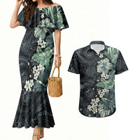 Pauliuli Hawai'i Hibiscus Couples Matching Mermaid Dress and Hawaiian Shirt Polynesian Tribal Tattoo Pattern Floral Elements LT9 Charcoal Blue - Polynesian Pride
