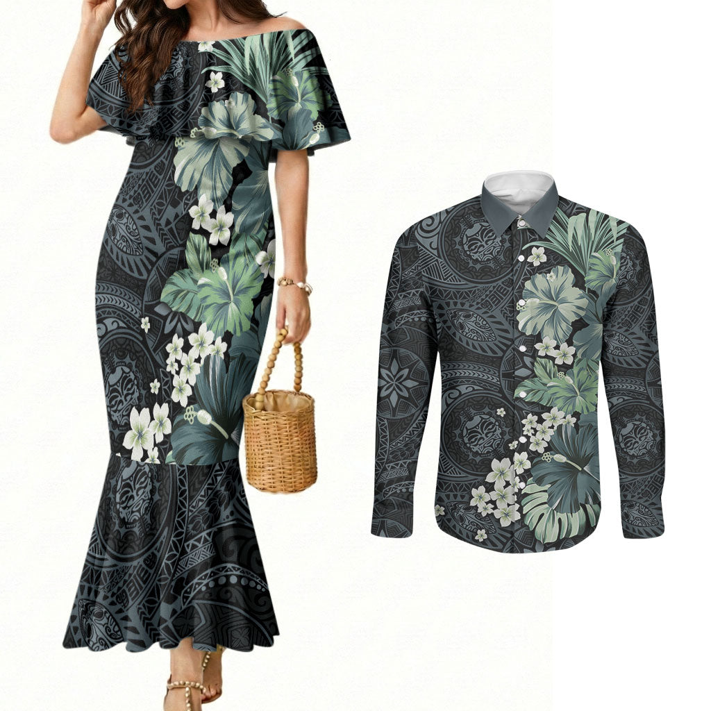 Pauliuli Hawai'i Hibiscus Couples Matching Mermaid Dress and Long Sleeve Button Shirt Polynesian Tribal Tattoo Pattern Floral Elements LT9 Charcoal Blue - Polynesian Pride