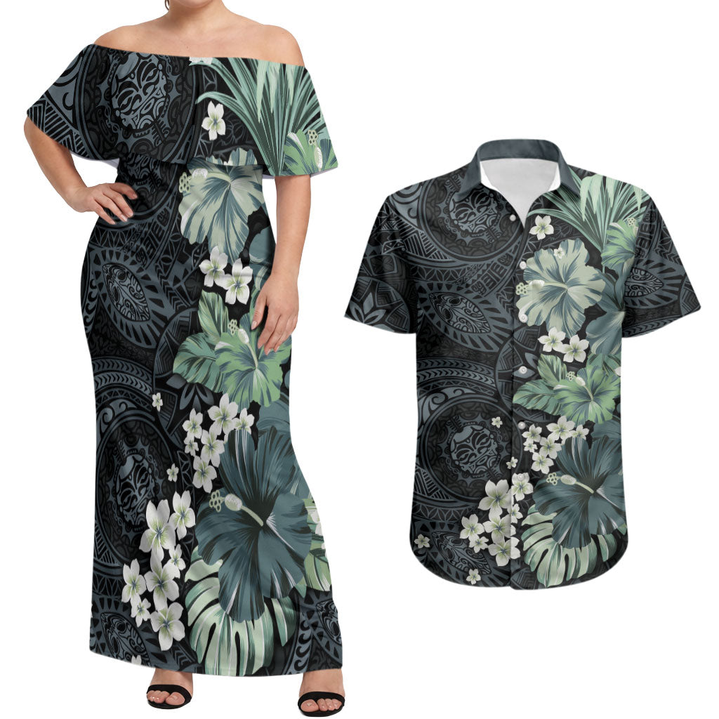 Pauliuli Hawai'i Hibiscus Couples Matching Off Shoulder Maxi Dress and Hawaiian Shirt Polynesian Tribal Tattoo Pattern Floral Elements LT9 Charcoal Blue - Polynesian Pride