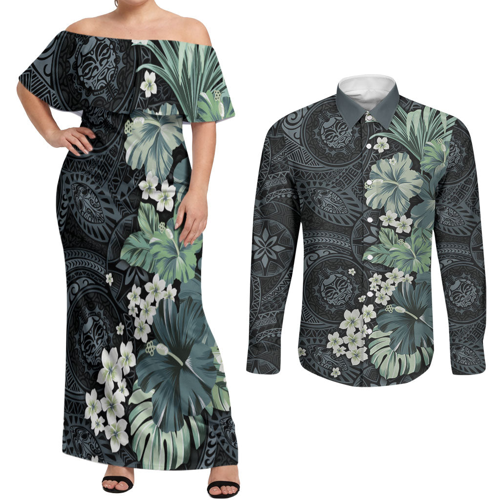Pauliuli Hawai'i Hibiscus Couples Matching Off Shoulder Maxi Dress and Long Sleeve Button Shirt Polynesian Tribal Tattoo Pattern Floral Elements LT9 Charcoal Blue - Polynesian Pride