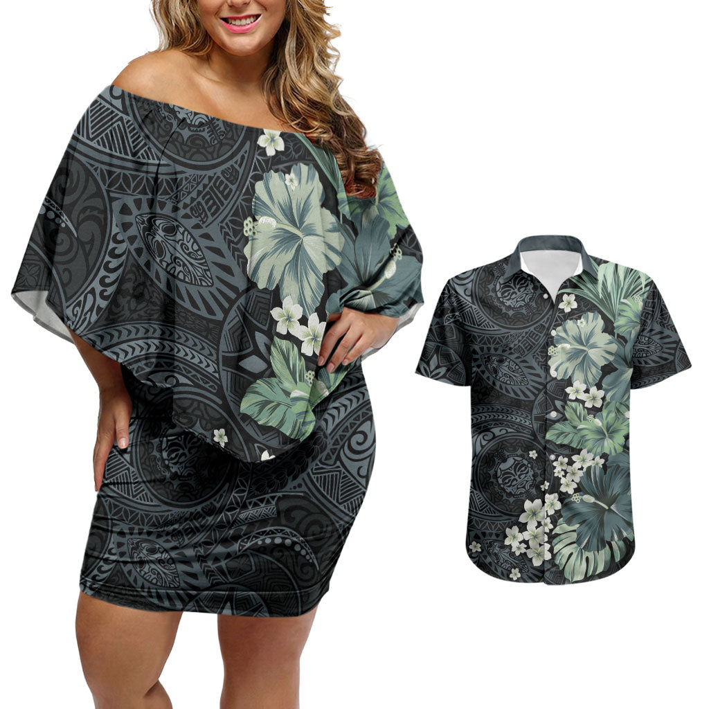 Pauliuli Hawai'i Hibiscus Couples Matching Off Shoulder Short Dress and Hawaiian Shirt Polynesian Tribal Tattoo Pattern Floral Elements LT9 Charcoal Blue - Polynesian Pride