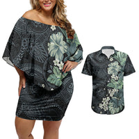 Pauliuli Hawai'i Hibiscus Couples Matching Off Shoulder Short Dress and Hawaiian Shirt Polynesian Tribal Tattoo Pattern Floral Elements LT9 Charcoal Blue - Polynesian Pride