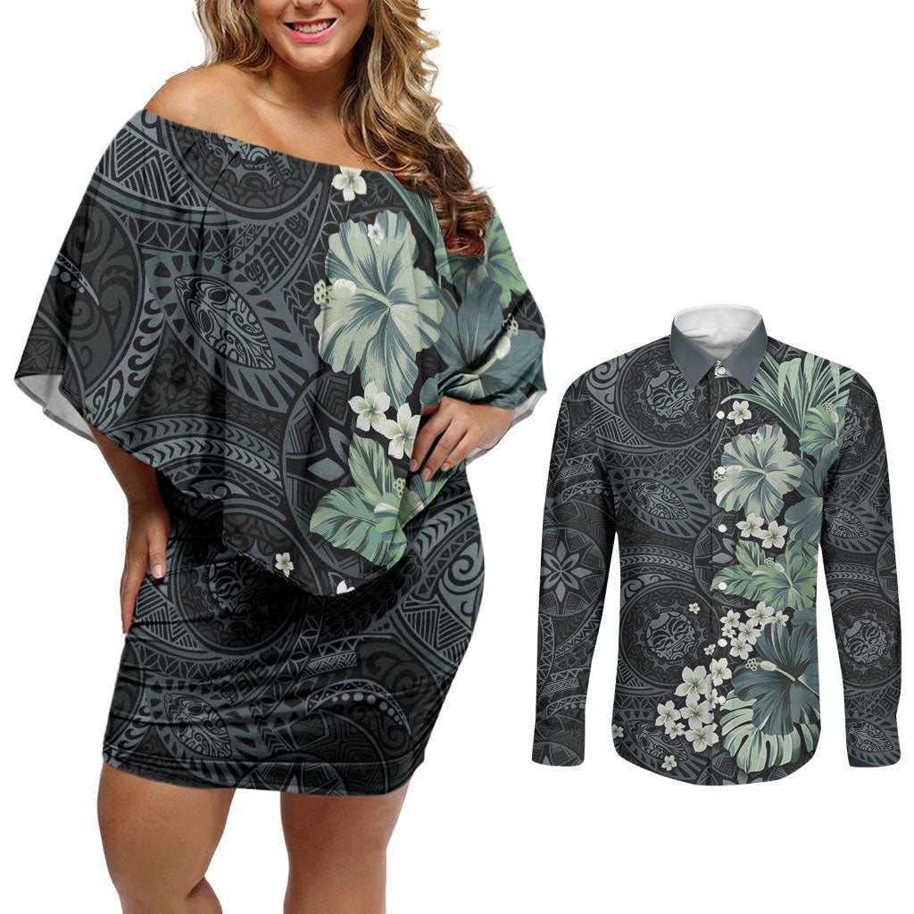 Pauliuli Hawai'i Hibiscus Couples Matching Off Shoulder Short Dress and Long Sleeve Button Shirt Polynesian Tribal Tattoo Pattern Floral Elements LT9 Charcoal Blue - Polynesian Pride