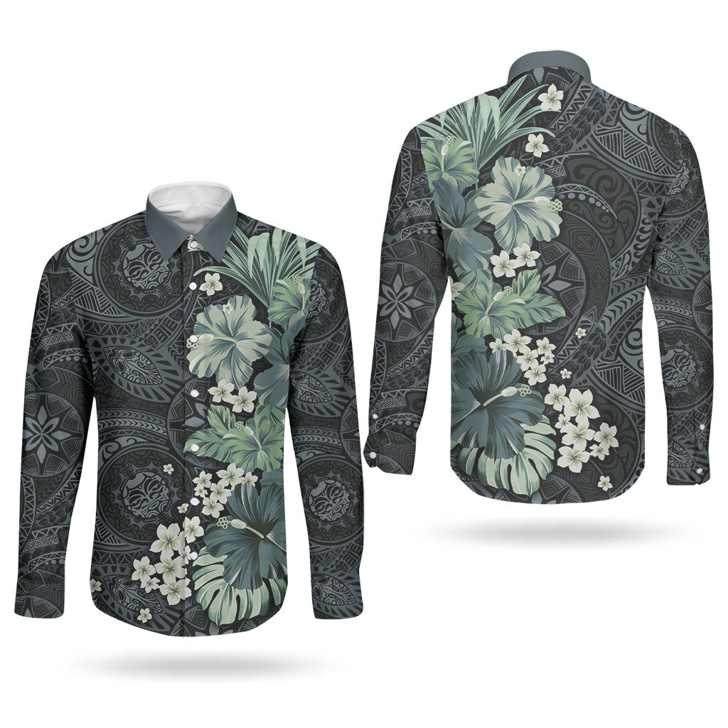 Pauliuli Hawai'i Hibiscus Couples Matching Off Shoulder Short Dress and Long Sleeve Button Shirt Polynesian Tribal Tattoo Pattern Floral Elements LT9 - Polynesian Pride