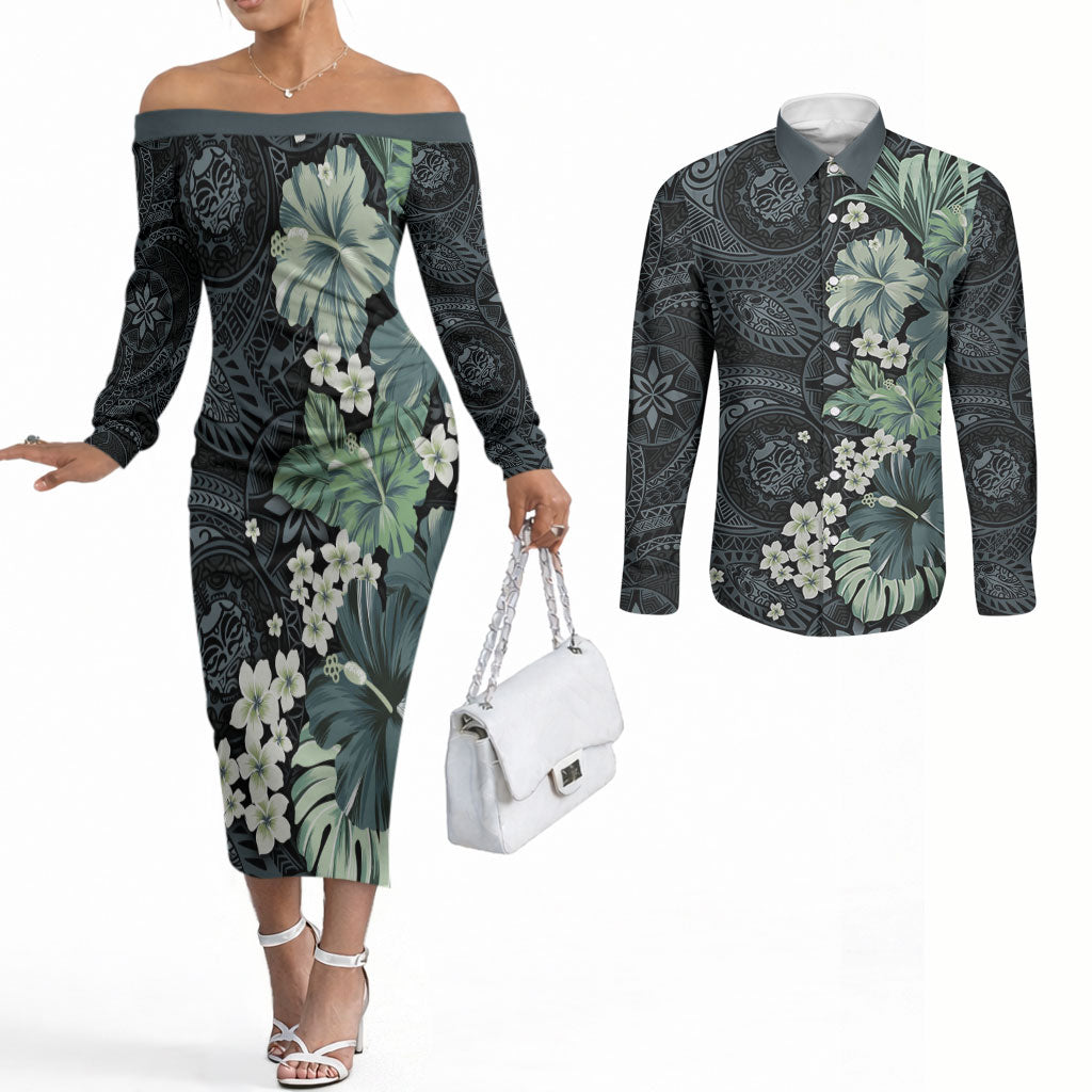 Pauliuli Hawai'i Hibiscus Couples Matching Off The Shoulder Long Sleeve Dress and Long Sleeve Button Shirt Polynesian Tribal Tattoo Pattern Floral Elements LT9 Charcoal Blue - Polynesian Pride