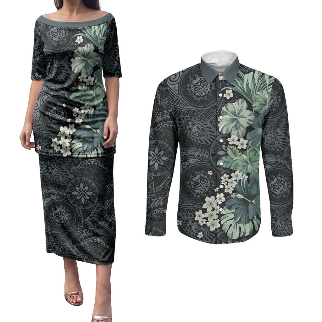 Pauliuli Hawai'i Hibiscus Couples Matching Puletasi and Long Sleeve Button Shirt Polynesian Tribal Tattoo Pattern Floral Elements LT9 Charcoal Blue - Polynesian Pride