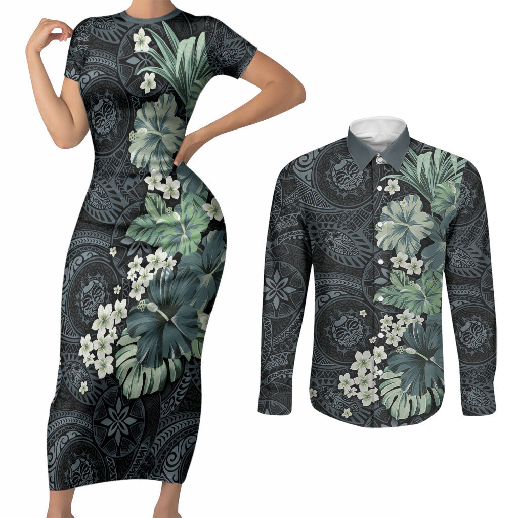 Pauliuli Hawai'i Hibiscus Couples Matching Short Sleeve Bodycon Dress and Long Sleeve Button Shirt Polynesian Tribal Tattoo Pattern Floral Elements LT9 Charcoal Blue - Polynesian Pride