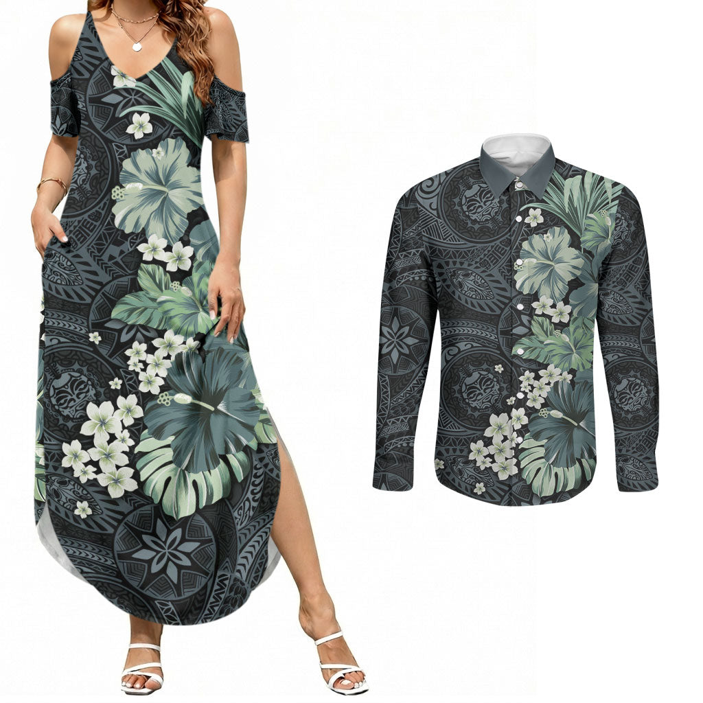 Pauliuli Hawai'i Hibiscus Couples Matching Summer Maxi Dress and Long Sleeve Button Shirt Polynesian Tribal Tattoo Pattern Floral Elements LT9 Charcoal Blue - Polynesian Pride