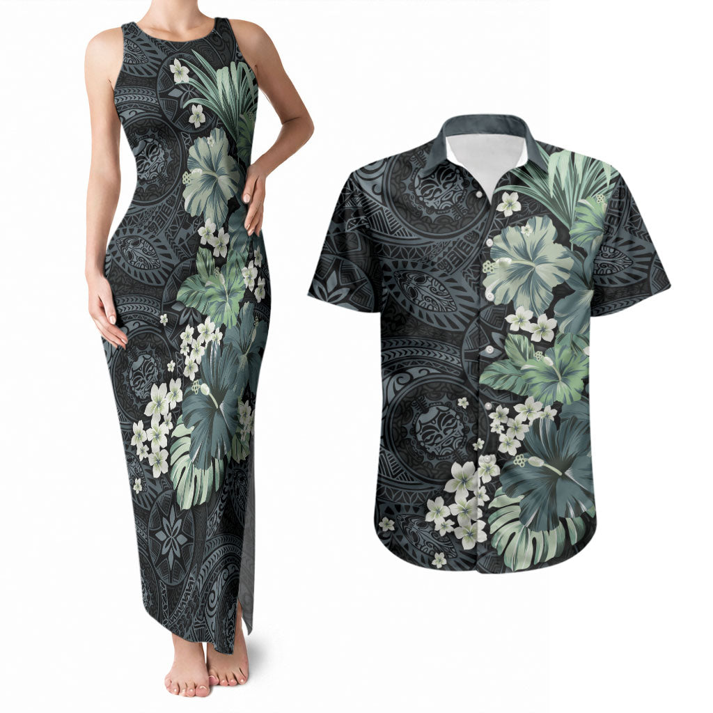 Pauliuli Hawai'i Hibiscus Couples Matching Tank Maxi Dress and Hawaiian Shirt Polynesian Tribal Tattoo Pattern Floral Elements LT9 Charcoal Blue - Polynesian Pride