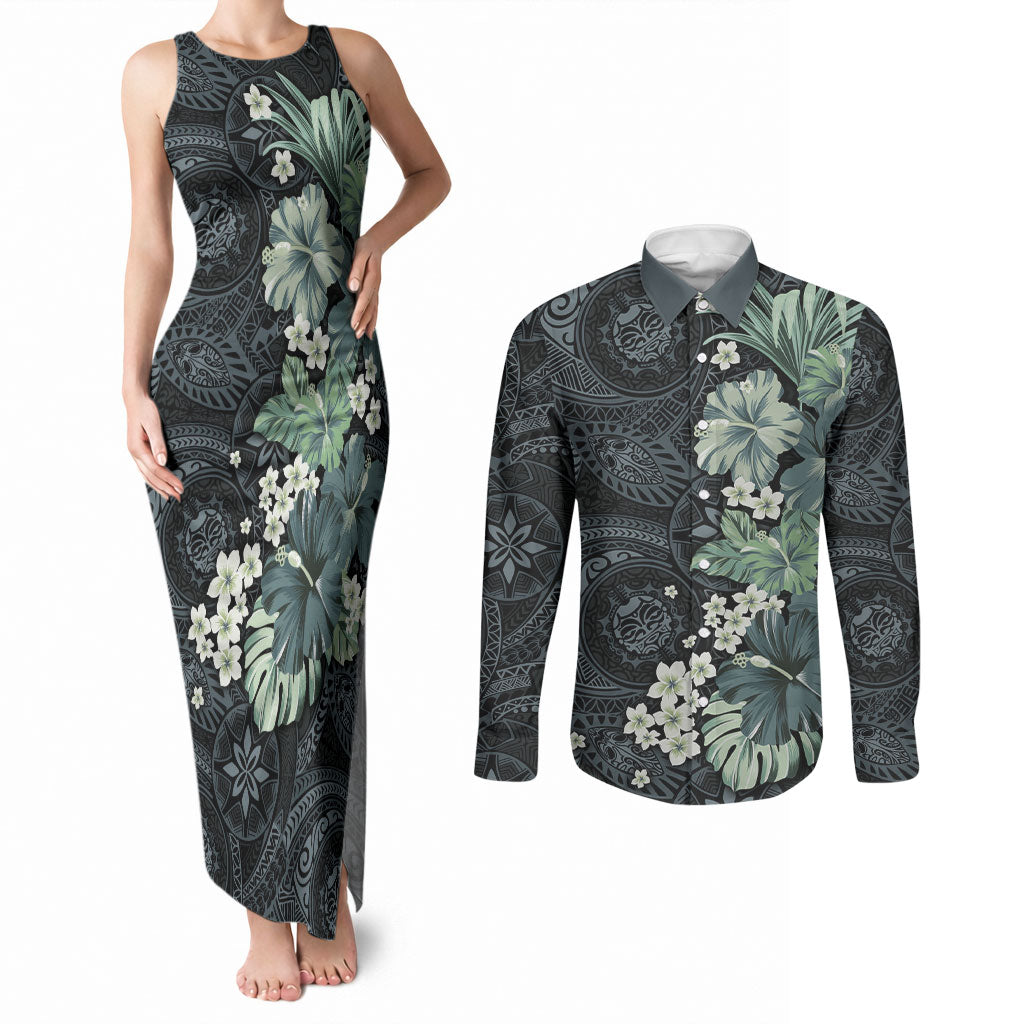 Pauliuli Hawai'i Hibiscus Couples Matching Tank Maxi Dress and Long Sleeve Button Shirt Polynesian Tribal Tattoo Pattern Floral Elements LT9 Charcoal Blue - Polynesian Pride