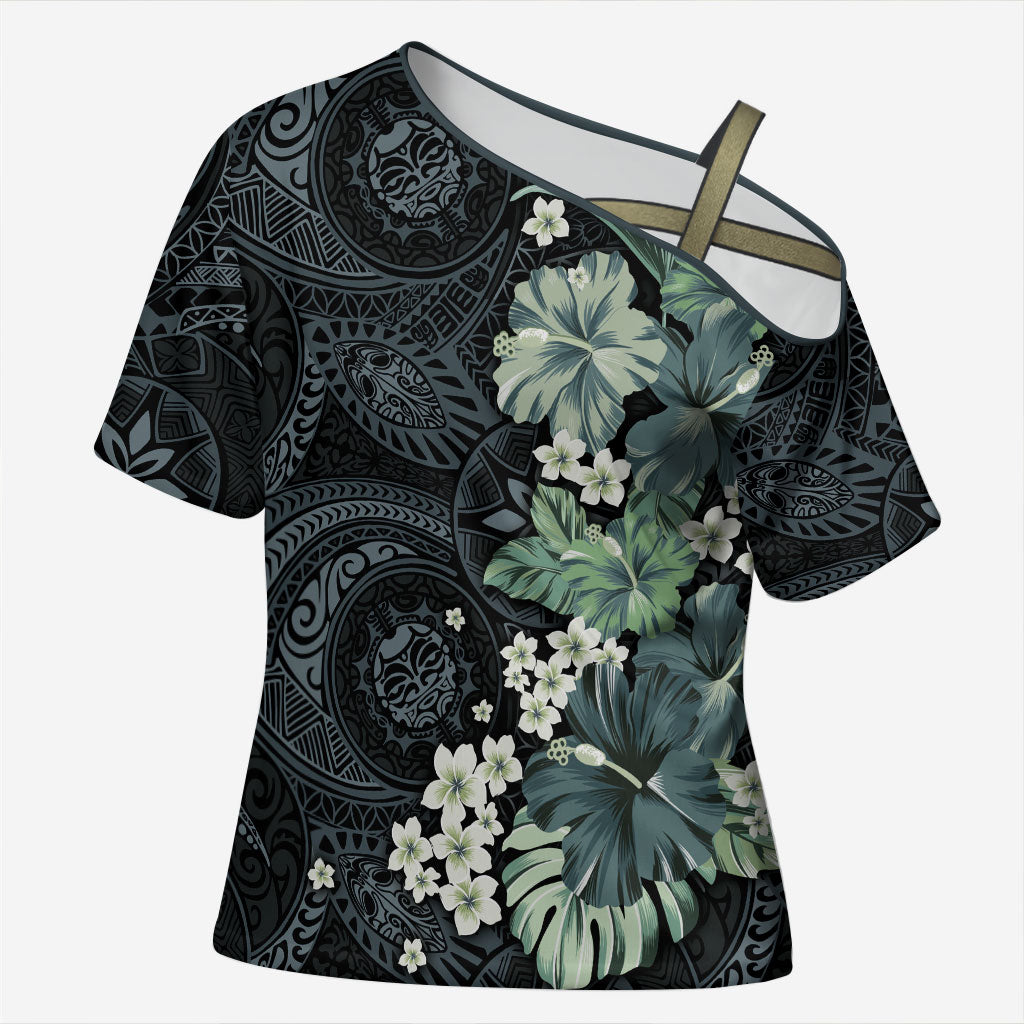 Pauliuli Hawai'i Hibiscus Cross Shoulder Shirt Polynesian Tribal Tattoo Pattern Floral Elements LT9 Female Charcoal Blue - Polynesian Pride
