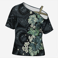 Pauliuli Hawai'i Hibiscus Cross Shoulder Shirt Polynesian Tribal Tattoo Pattern Floral Elements LT9 Female Charcoal Blue - Polynesian Pride