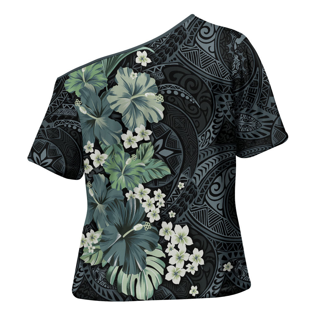 Pauliuli Hawai'i Hibiscus Cross Shoulder Shirt Polynesian Tribal Tattoo Pattern Floral Elements LT9 - Polynesian Pride