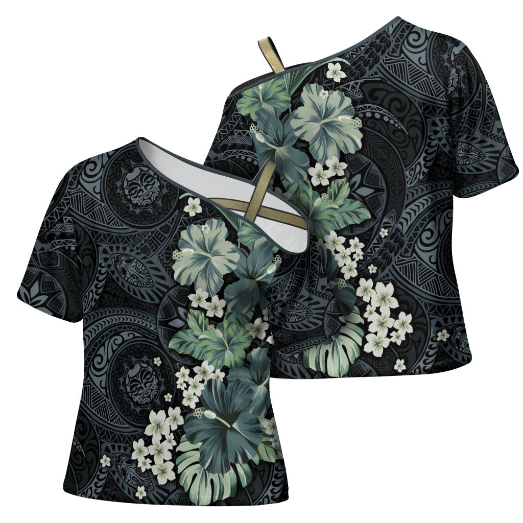 Pauliuli Hawai'i Hibiscus Cross Shoulder Shirt Polynesian Tribal Tattoo Pattern Floral Elements LT9 - Polynesian Pride