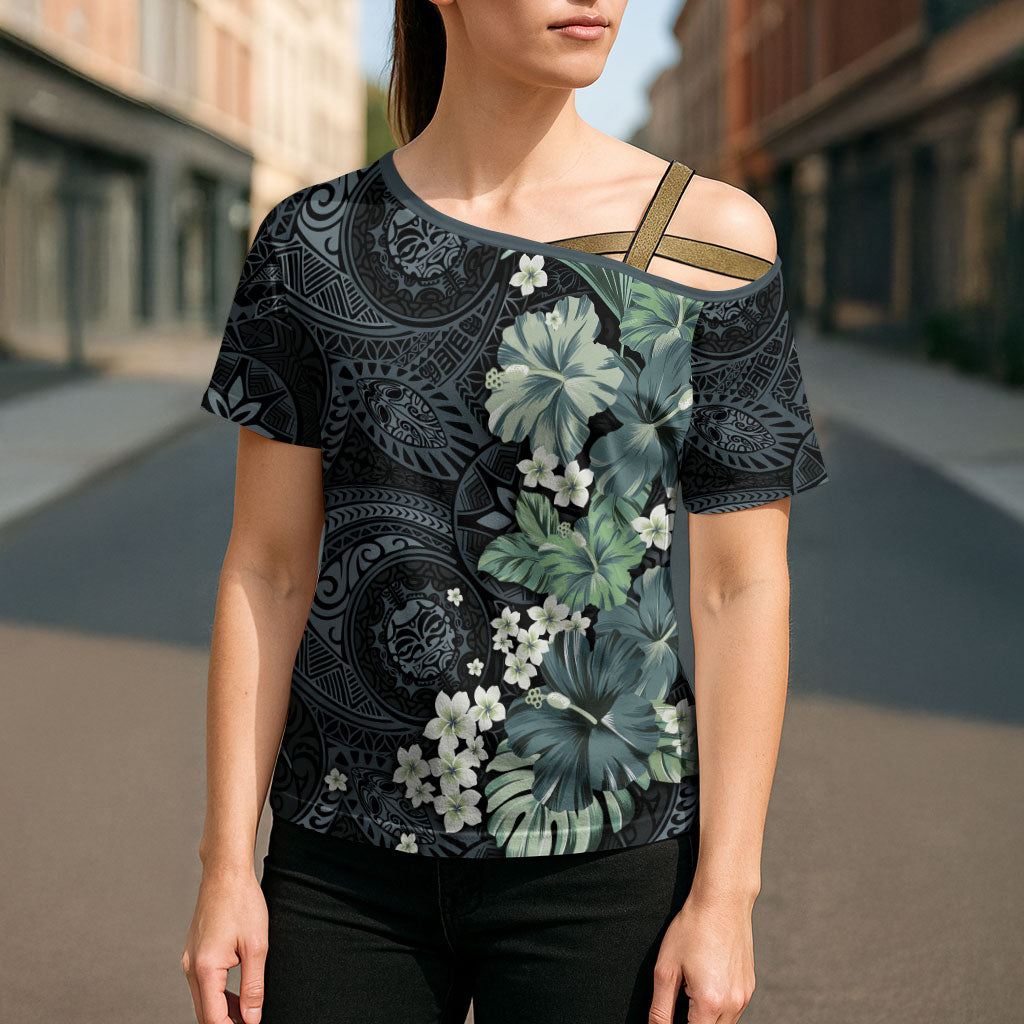 Pauliuli Hawai'i Hibiscus Cross Shoulder Shirt Polynesian Tribal Tattoo Pattern Floral Elements LT9 - Polynesian Pride