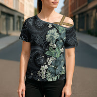 Pauliuli Hawai'i Hibiscus Cross Shoulder Shirt Polynesian Tribal Tattoo Pattern Floral Elements LT9 - Polynesian Pride