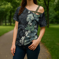 Pauliuli Hawai'i Hibiscus Cross Shoulder Shirt Polynesian Tribal Tattoo Pattern Floral Elements LT9 - Polynesian Pride