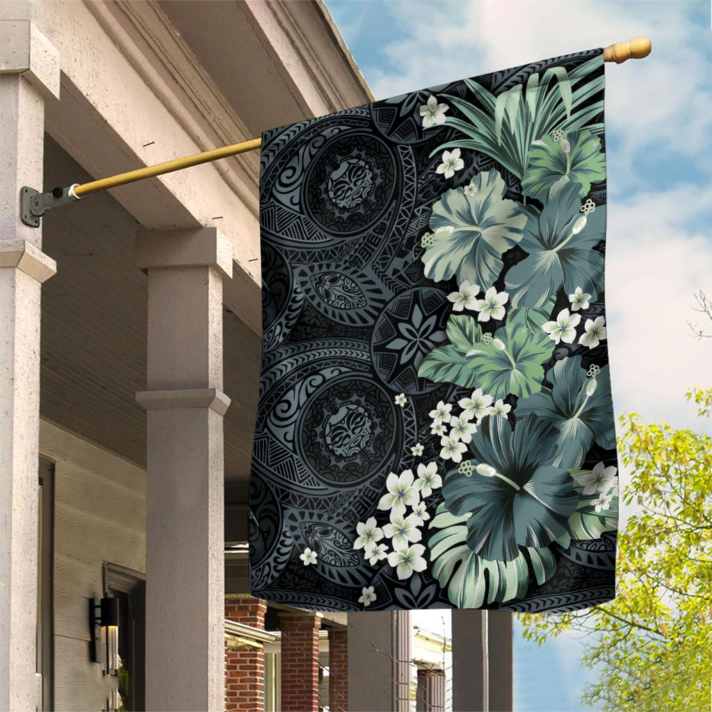 Pauliuli Hawai'i Hibiscus Garden Flag Polynesian Tribal Tattoo Pattern Floral Elements LT9 House Flag Charcoal Blue - Polynesian Pride