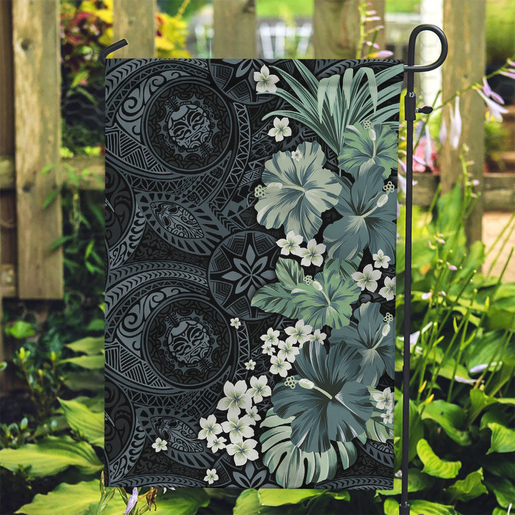 Pauliuli Hawai'i Hibiscus Garden Flag Polynesian Tribal Tattoo Pattern Floral Elements LT9 Garden Flag Charcoal Blue - Polynesian Pride
