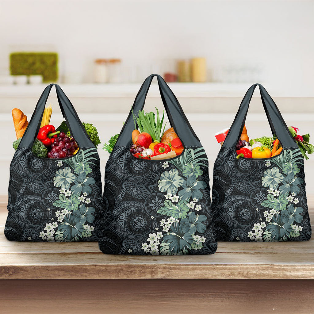 Pauliuli Hawai'i Hibiscus Grocery Bag Polynesian Tribal Tattoo Pattern Floral Elements LT9 3-pack One Size Charcoal Blue - Polynesian Pride