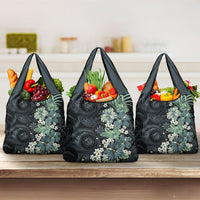 Pauliuli Hawai'i Hibiscus Grocery Bag Polynesian Tribal Tattoo Pattern Floral Elements LT9 3-pack One Size Charcoal Blue - Polynesian Pride