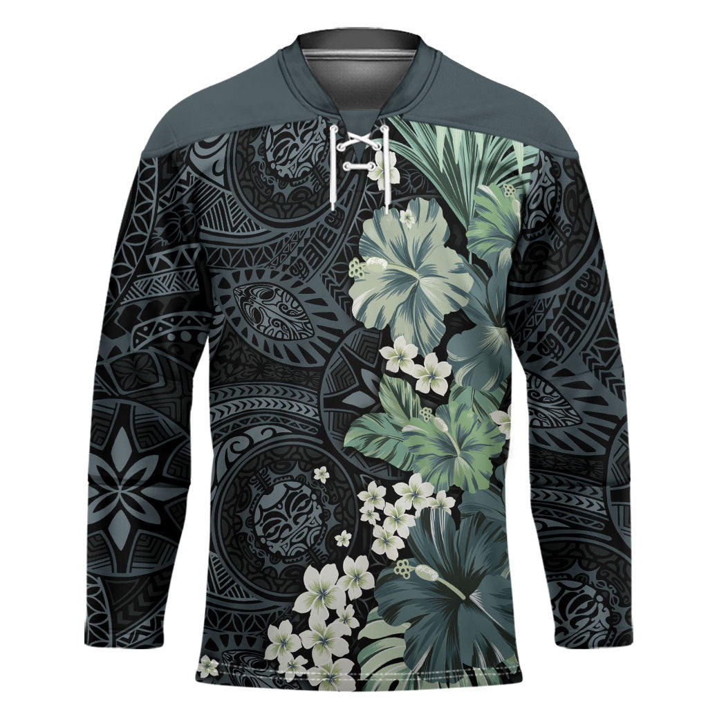 Pauliuli Hawai'i Hibiscus Hockey Jersey Polynesian Tribal Tattoo Pattern Floral Elements LT9 Unisex Charcoal Blue - Polynesian Pride