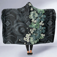 Pauliuli Hawai'i Hibiscus Hooded Blanket Polynesian Tribal Tattoo Pattern Floral Elements LT9 One Size Charcoal Blue - Polynesian Pride