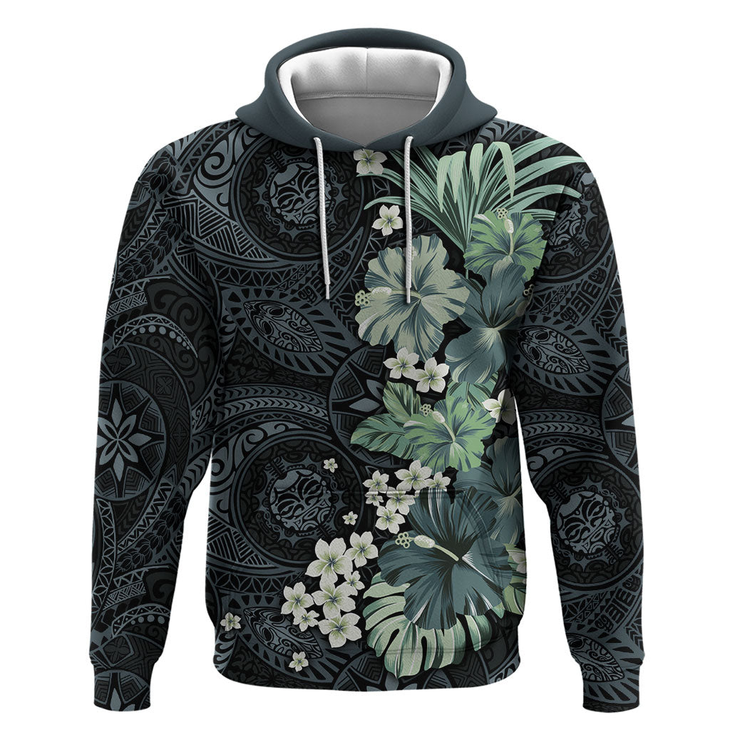 Pauliuli Hawai'i Hibiscus Hoodie Polynesian Tribal Tattoo Pattern Floral Elements LT9 Pullover Hoodie Charcoal Blue - Polynesian Pride