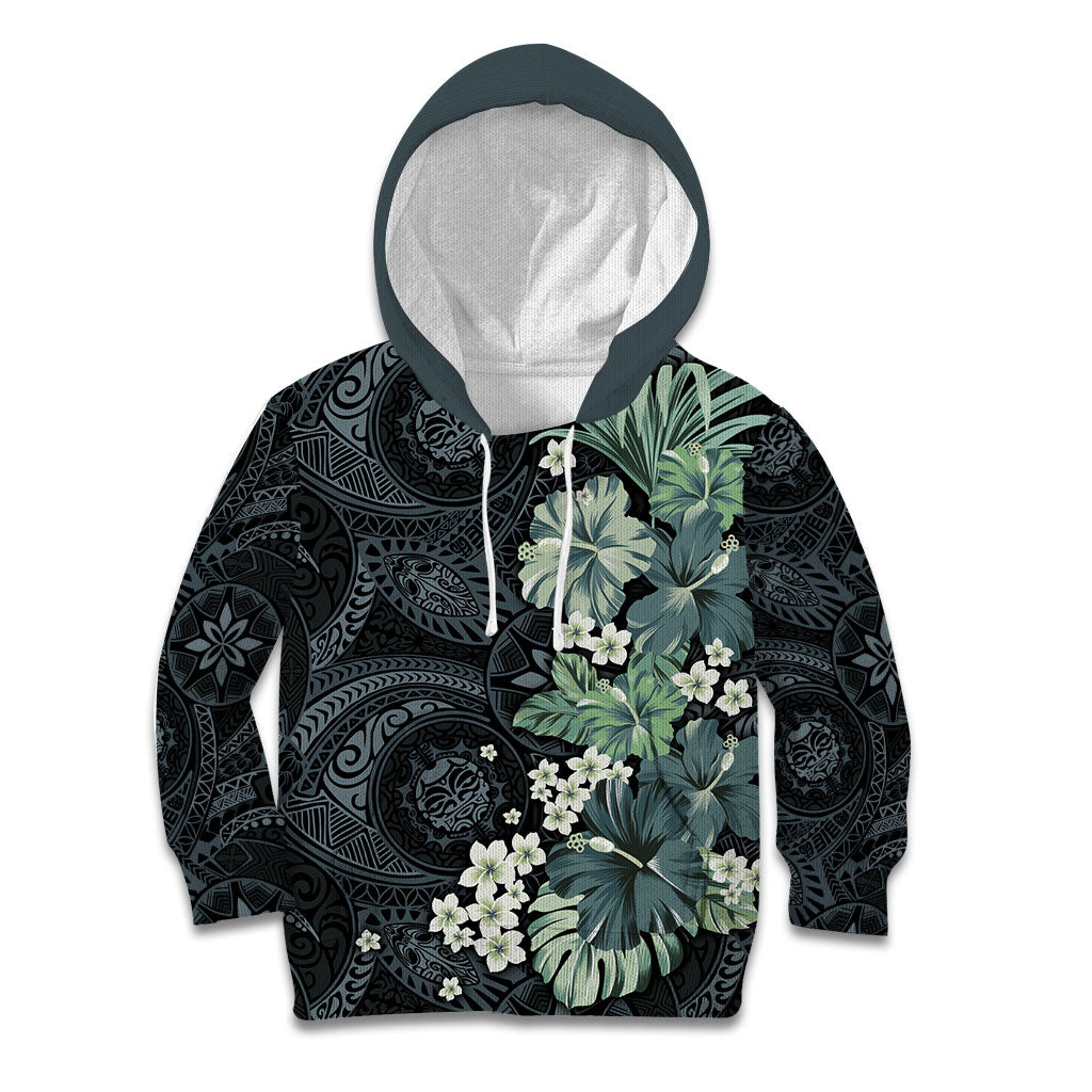 Pauliuli Hawai'i Hibiscus Kid Hoodie Polynesian Tribal Tattoo Pattern Floral Elements LT9 Hoodie Charcoal Blue - Polynesian Pride