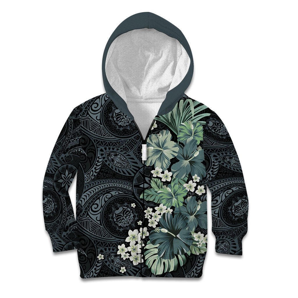 Pauliuli Hawai'i Hibiscus Kid Hoodie Polynesian Tribal Tattoo Pattern Floral Elements LT9 Zip Hoodie Charcoal Blue - Polynesian Pride