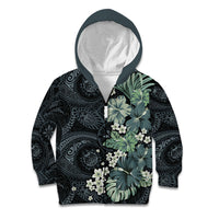 Pauliuli Hawai'i Hibiscus Kid Hoodie Polynesian Tribal Tattoo Pattern Floral Elements LT9 Zip Hoodie Charcoal Blue - Polynesian Pride