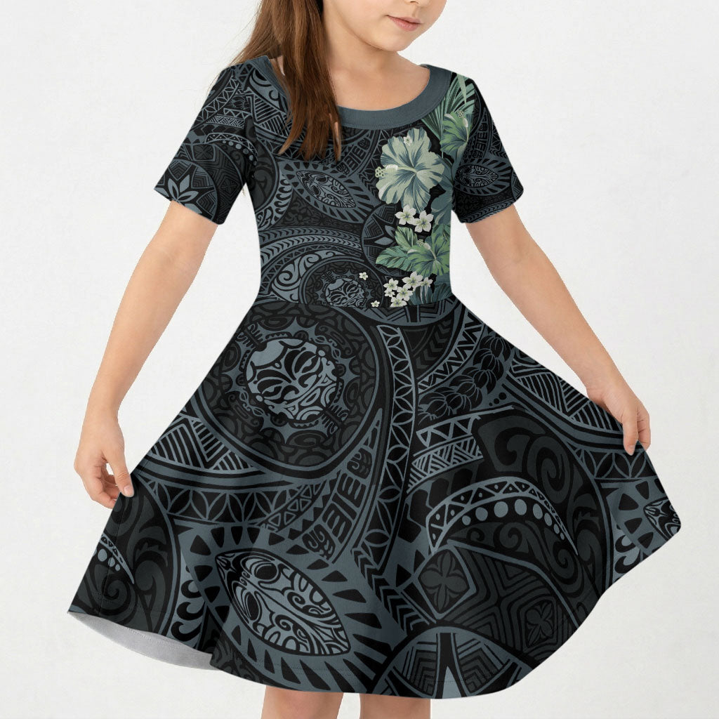 Pauliuli Hawai'i Hibiscus Kid Short Sleeve Dress Polynesian Tribal Tattoo Pattern Floral Elements LT9 KID Charcoal Blue - Polynesian Pride