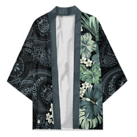 Pauliuli Hawai'i Hibiscus Kimono Polynesian Tribal Tattoo Pattern Floral Elements LT9 Unisex Charcoal Blue - Polynesian Pride