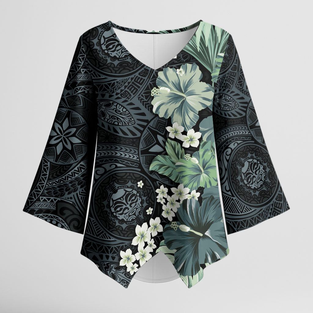 Pauliuli Hawai'i Hibiscus Kimono Sleeve Blouse Polynesian Tribal Tattoo Pattern Floral Elements LT9 Female Charcoal Blue - Polynesian Pride