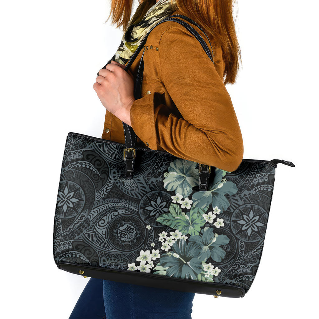 Pauliuli Hawai'i Hibiscus Leather Tote Bag Polynesian Tribal Tattoo Pattern Floral Elements LT9 Charcoal Blue - Polynesian Pride